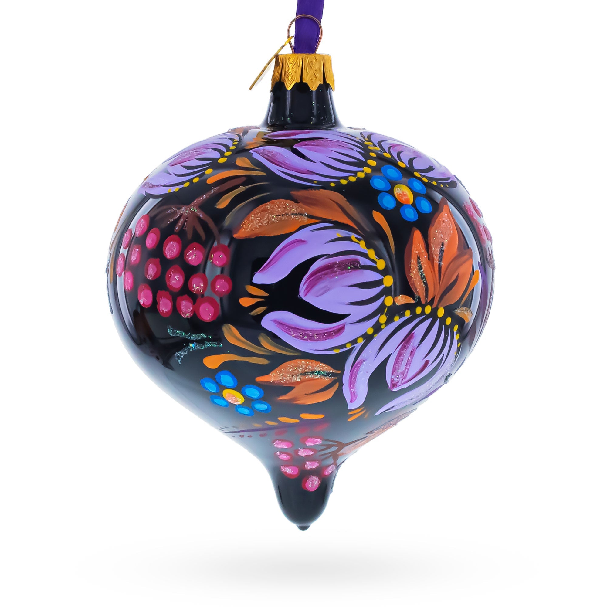 Whimsical Floral and Bird Black Onion-Shape Finial Glass Christmas Ornament