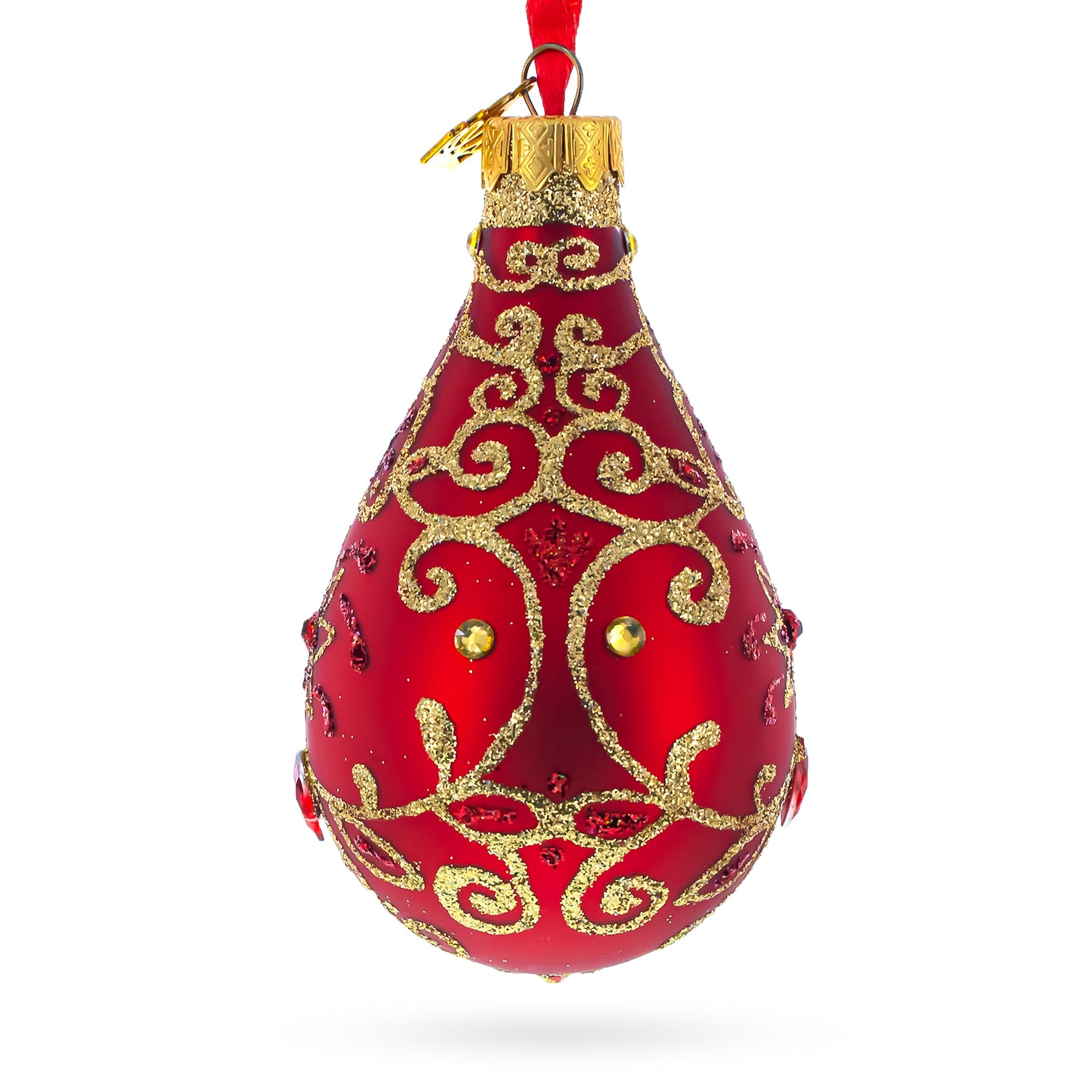 Golden Flowers on Red Waterdrop Finial Glass Christmas Ornament
