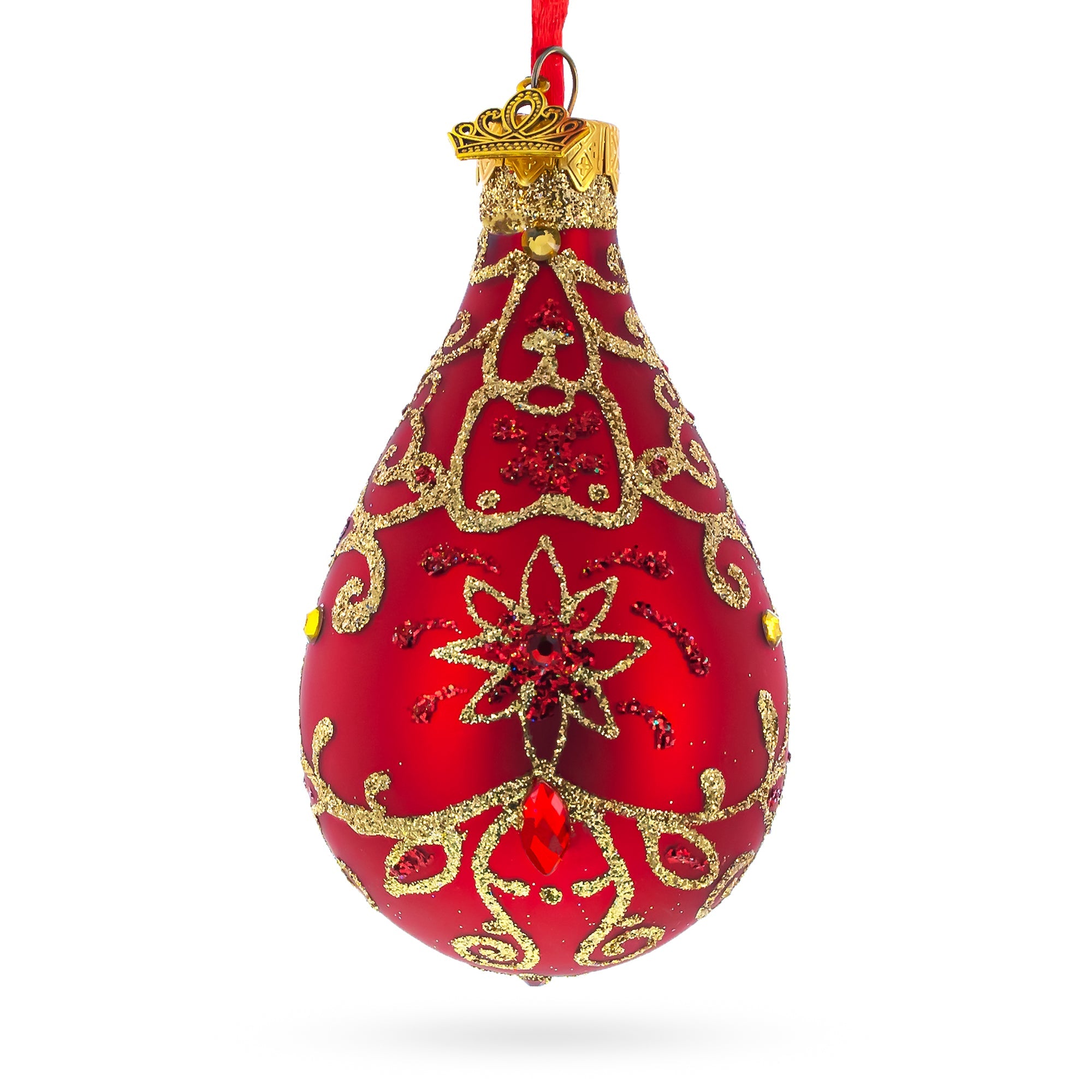 Golden Flowers on Red Waterdrop Finial Glass Christmas Ornament