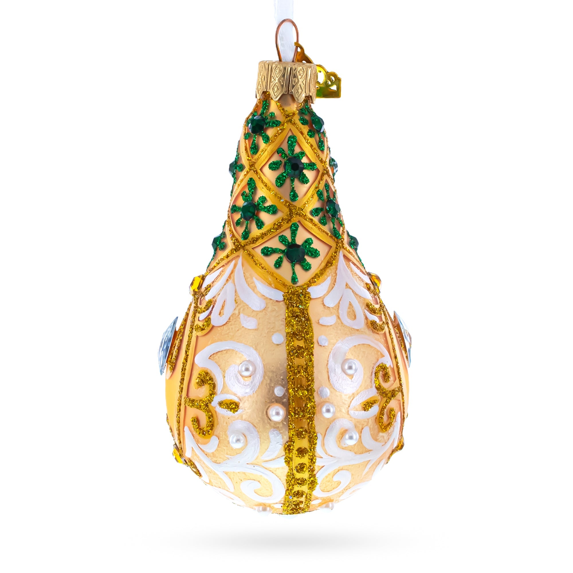 Swirls on Champagne Bejeweled Pear Shape Glass Ornament
