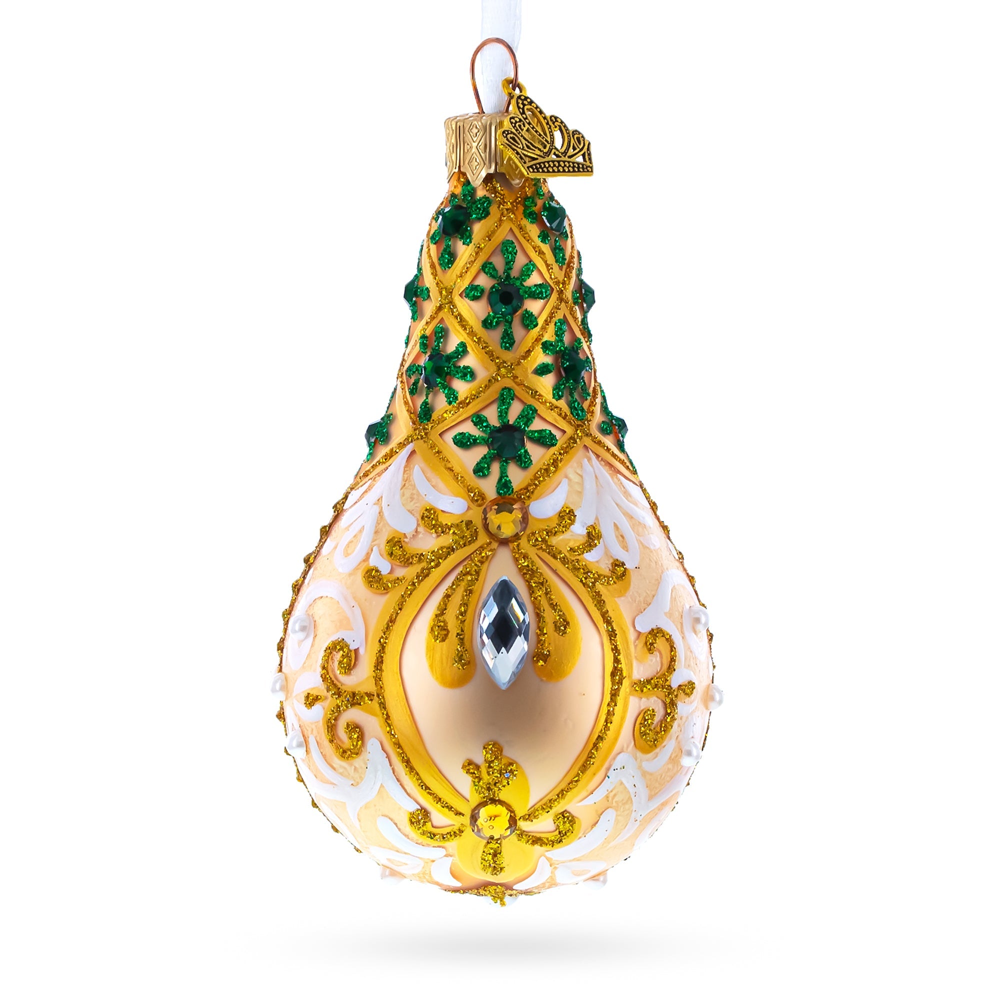 Swirls on Champagne Bejeweled Pear Shape Glass Ornament