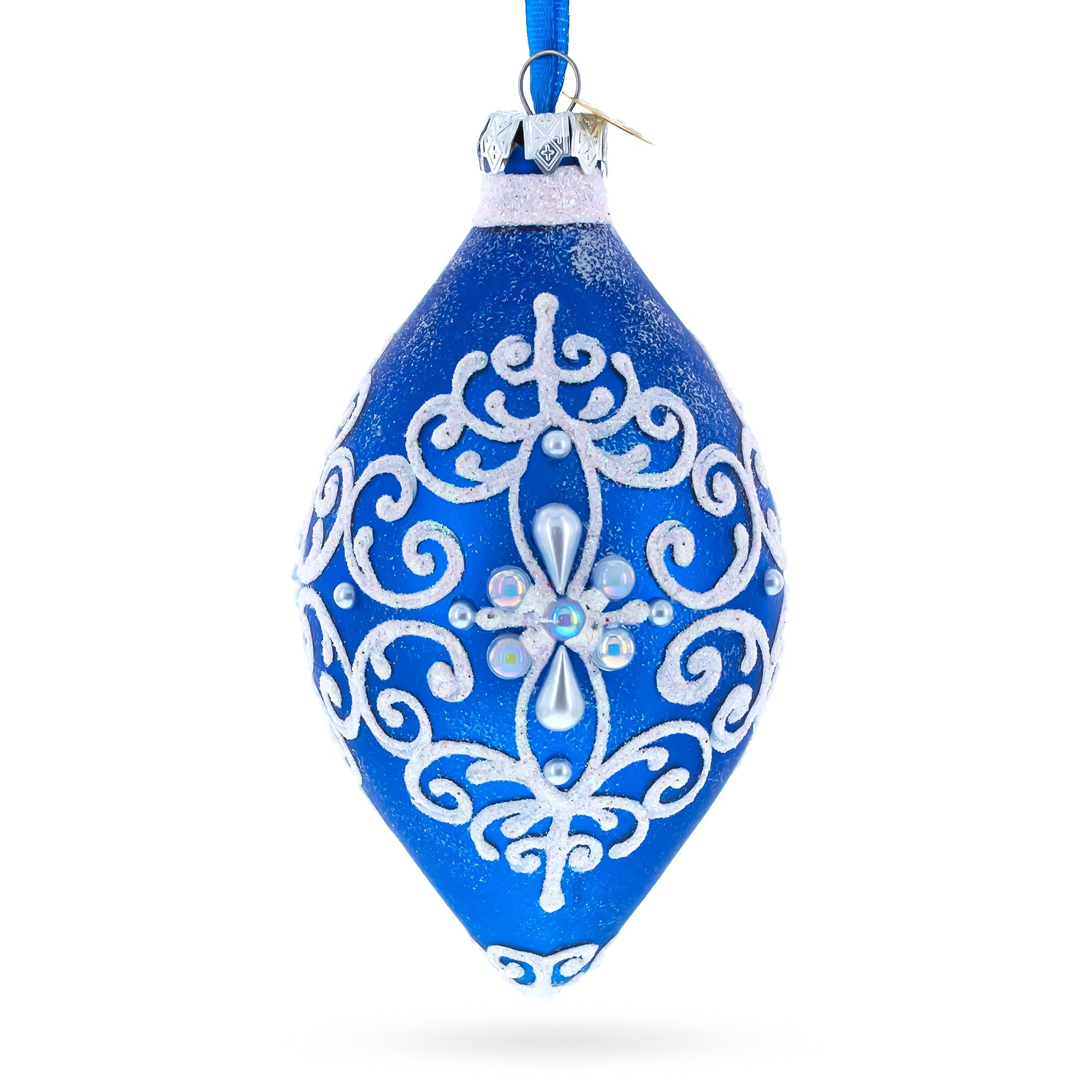Blue Jeweled Scroll Pointed Teardrop Finial Glass Christmas Ornament BestPysanky