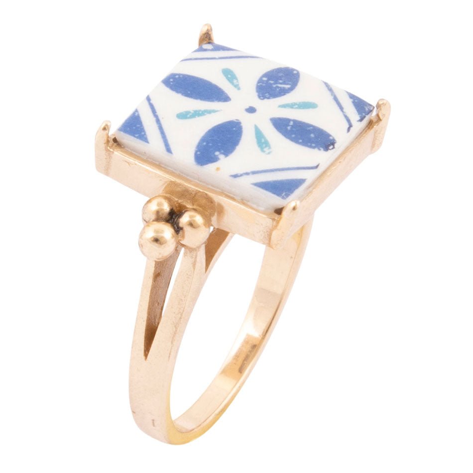 Santorini Blue and White Tile Golden Statement Ring Barse Jewelry
