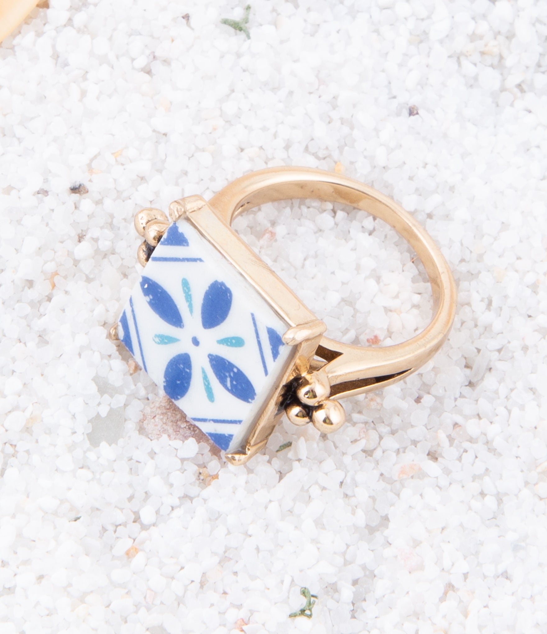 Santorini Blue and White Tile Golden Statement Ring Barse Jewelry