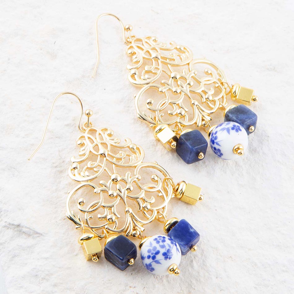 Santorini Cobalt Blue Lapis and Golden Chandelier Earrings Barse Jewelry