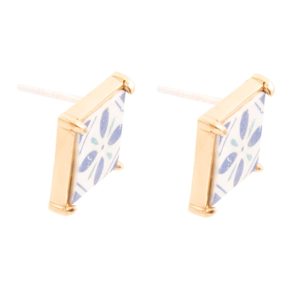 Santorini Dreams Blue and White Tile Post Stud Golden Earrings Barse Jewelry