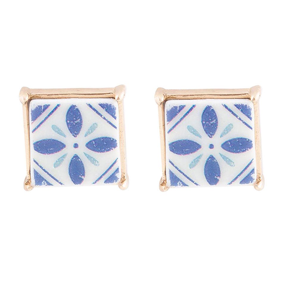 Santorini Dreams Blue and White Tile Post Stud Golden Earrings Barse Jewelry
