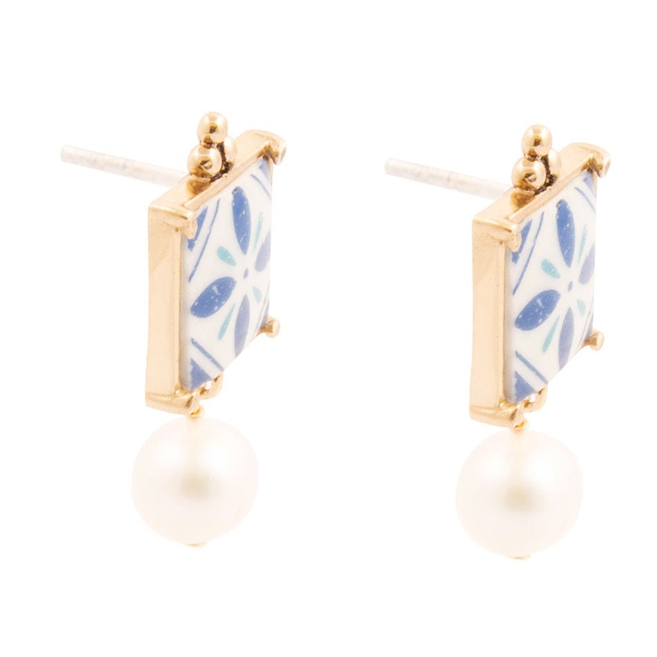 Santorini Dreams Tile Freshwater White Pearl Post Golden Earrings Barse Jewelry