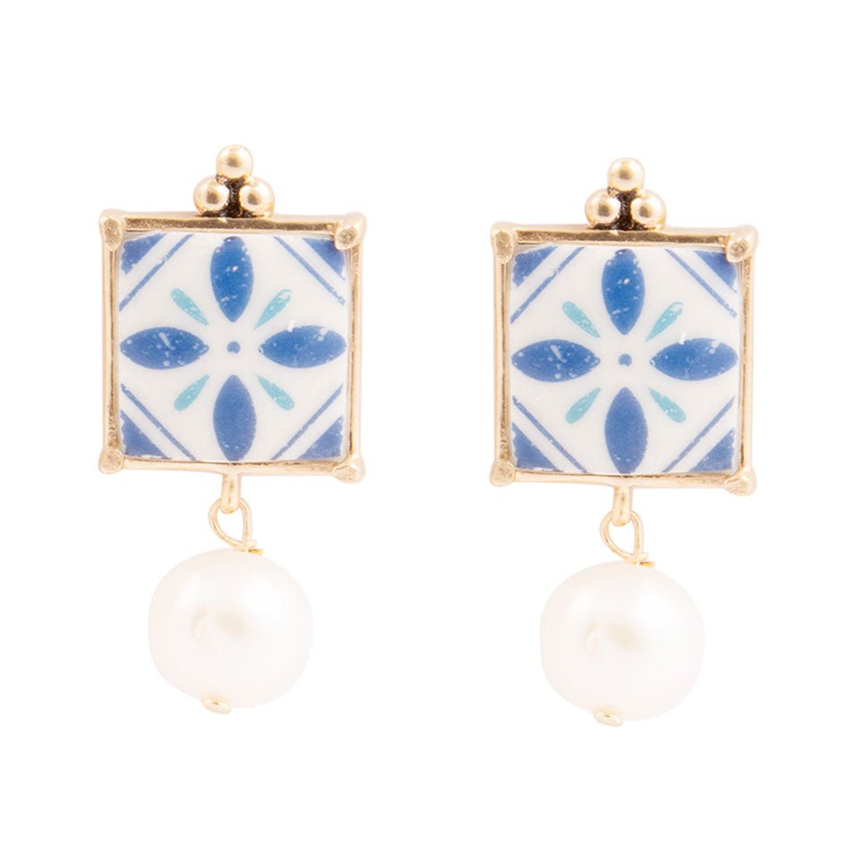 Santorini Dreams Tile Freshwater White Pearl Post Golden Earrings Barse Jewelry