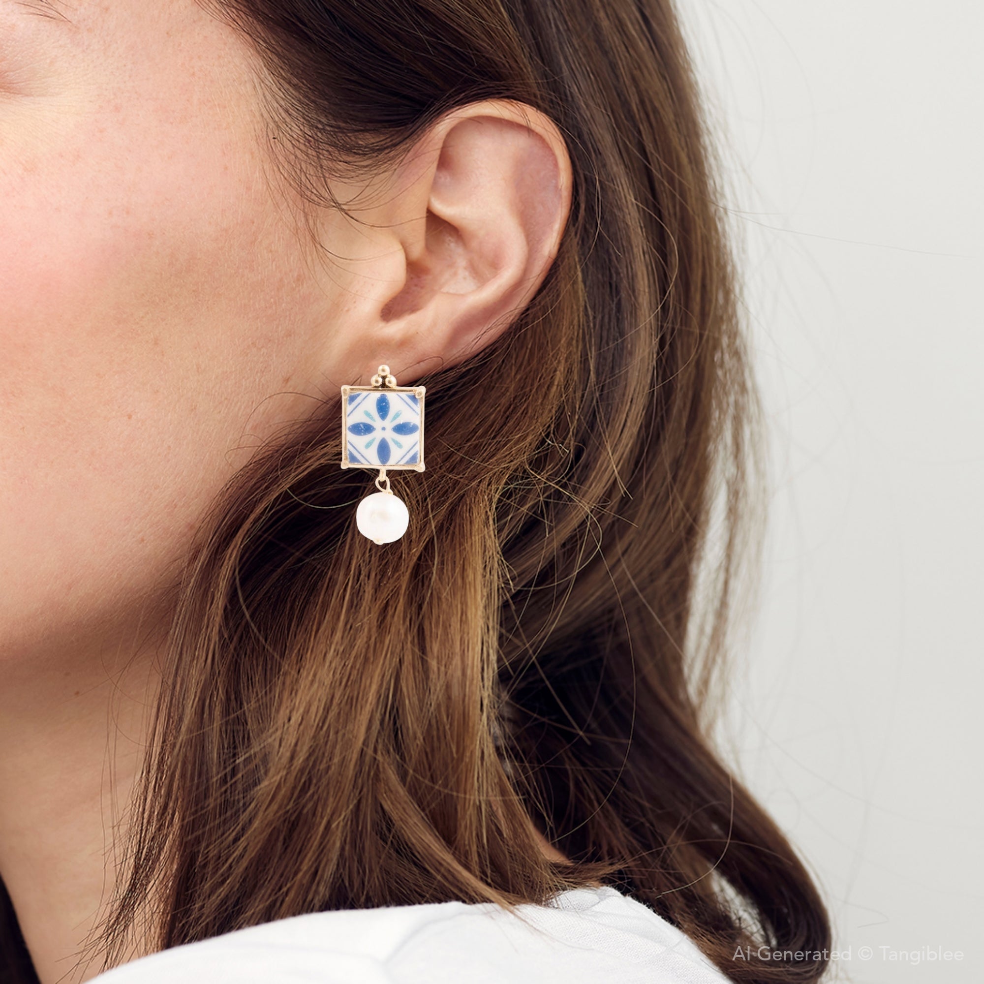 Santorini Dreams Tile Freshwater White Pearl Post Golden Earrings Barse Jewelry