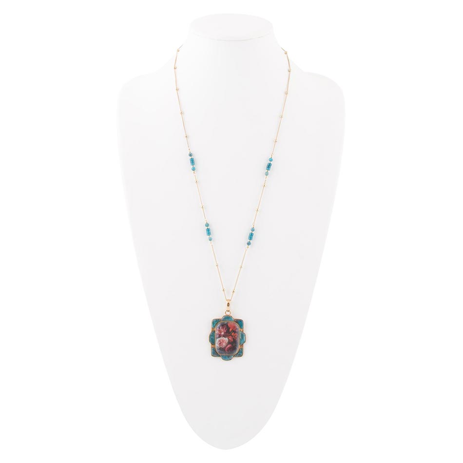 Scenic Red Florals Blue Apatite Golden Pendant Necklace Barse Jewelry