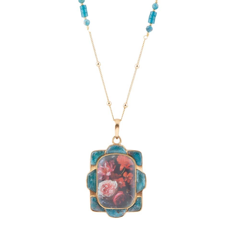 Scenic Red Florals Blue Apatite Golden Pendant Necklace Barse Jewelry