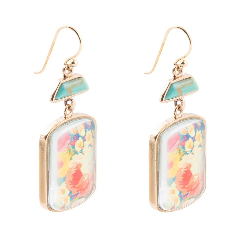 Scenic Floral Blue Turquoise Golden Earrings Barse Jewelry