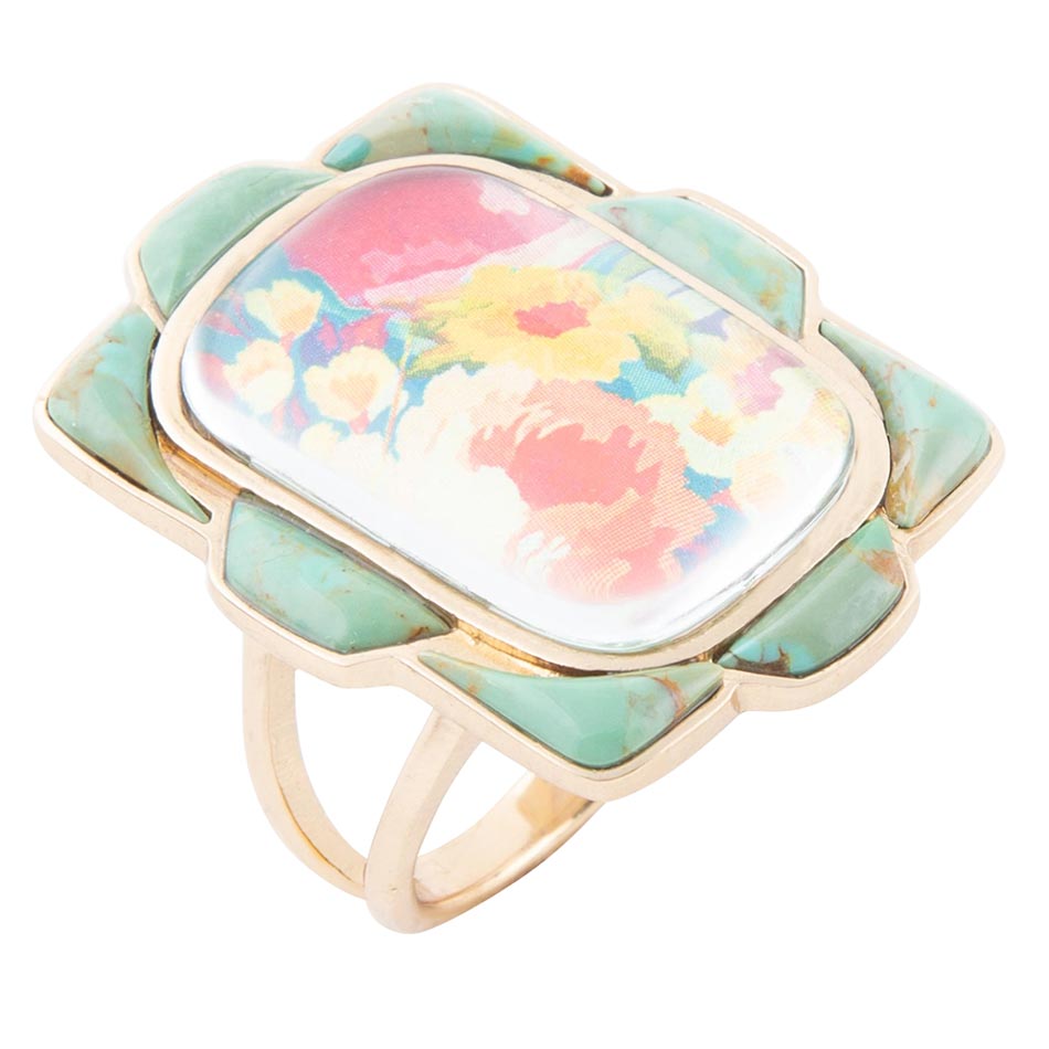 Scenic Floral Blue Turquoise Golden Ring Barse Jewelry