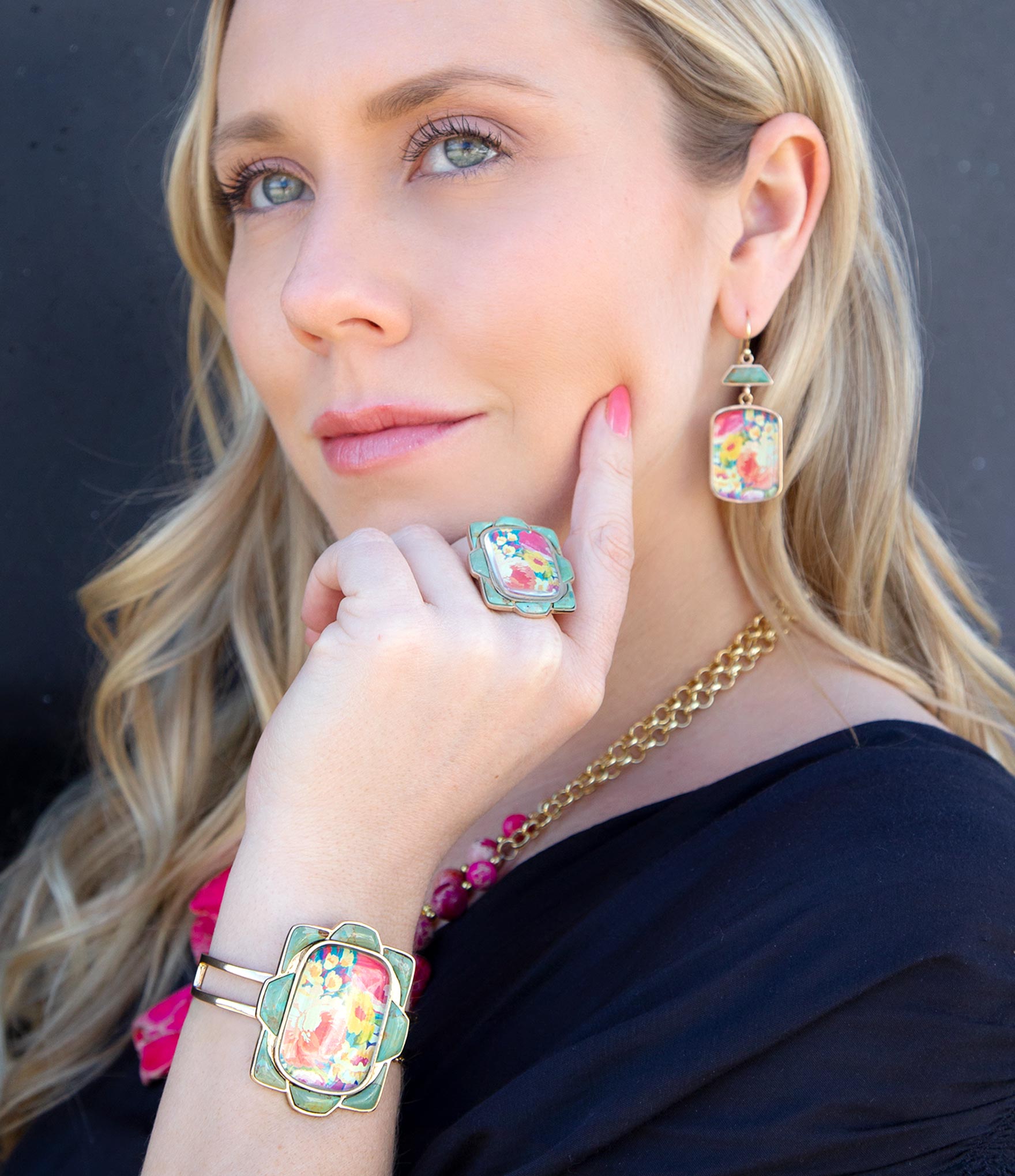 Scenic Floral Blue Turquoise Golden Ring Barse Jewelry