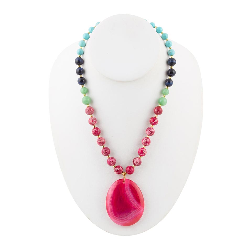 Serape Multi-Stone Pink Magenta Agate Pendant Necklace Barse Jewelry