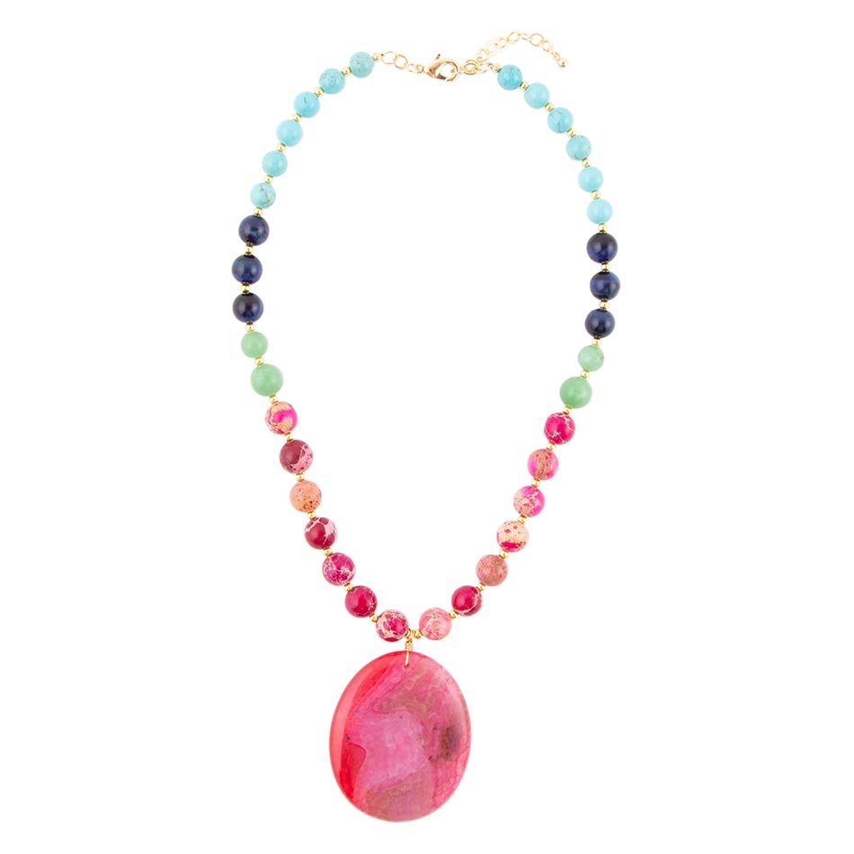 Serape Multi-Stone Pink Magenta Agate Pendant Necklace Barse Jewelry
