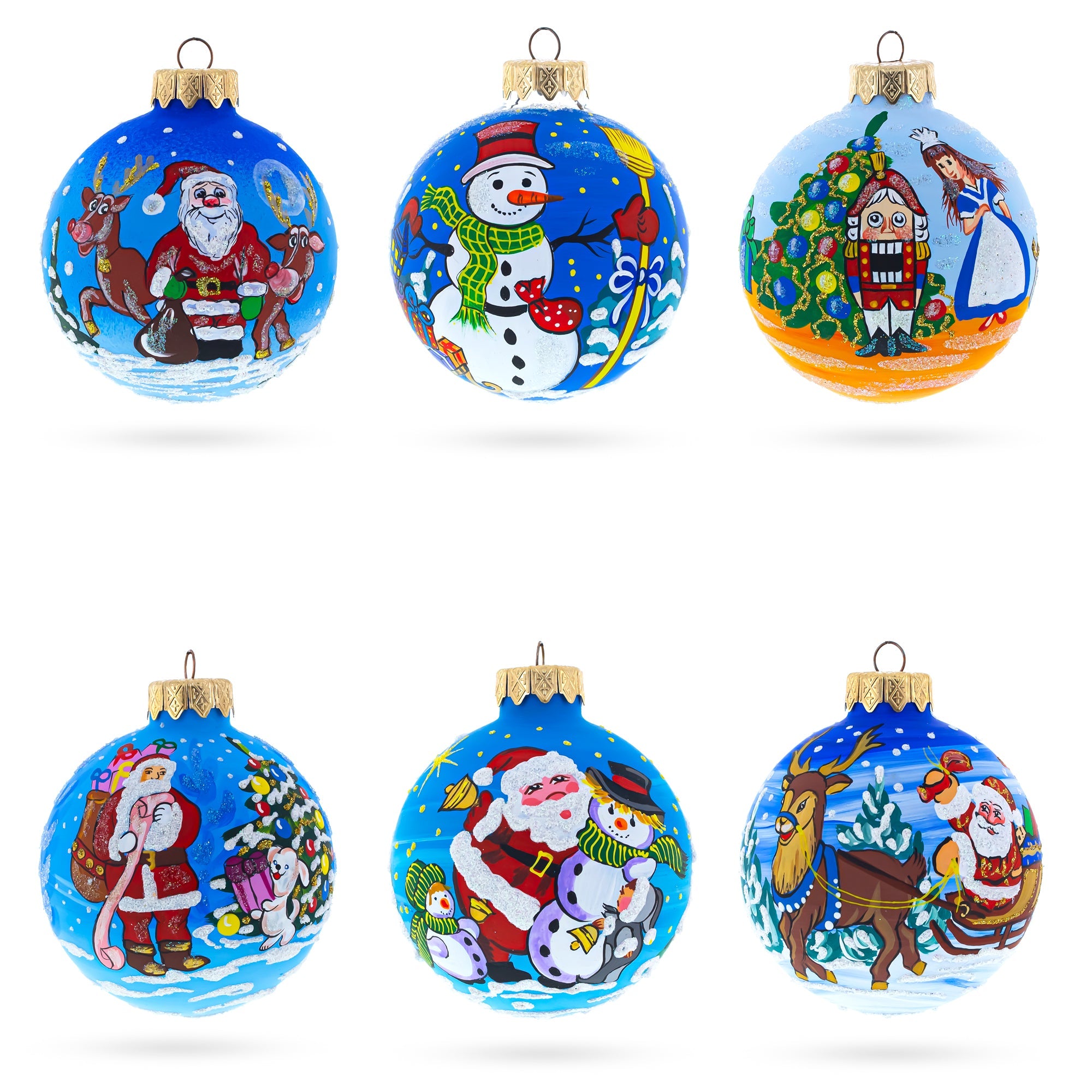 Set of 6 Santa, Snowman, Reindeer, Nutcracker Glass Christmas Ornaments