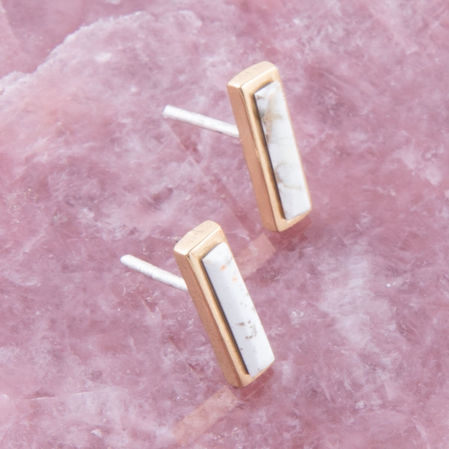 Short Linear White Picture Jasper and Bronze Stud Barse Jewelry