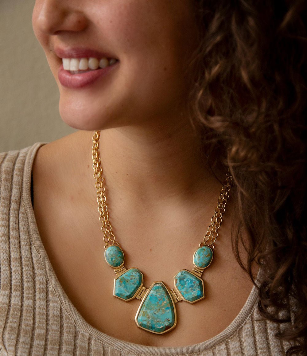 Slabs of Blue Turquoise Golden Statement Necklace Barse Jewelry