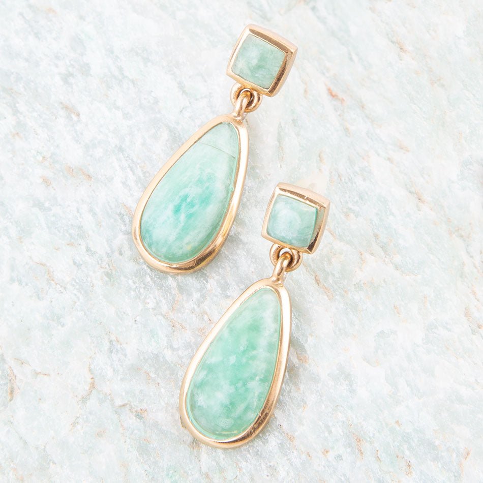 Smooth Green Amazonite and Golden Bronze Teardrop Earrings Barse Jewelry