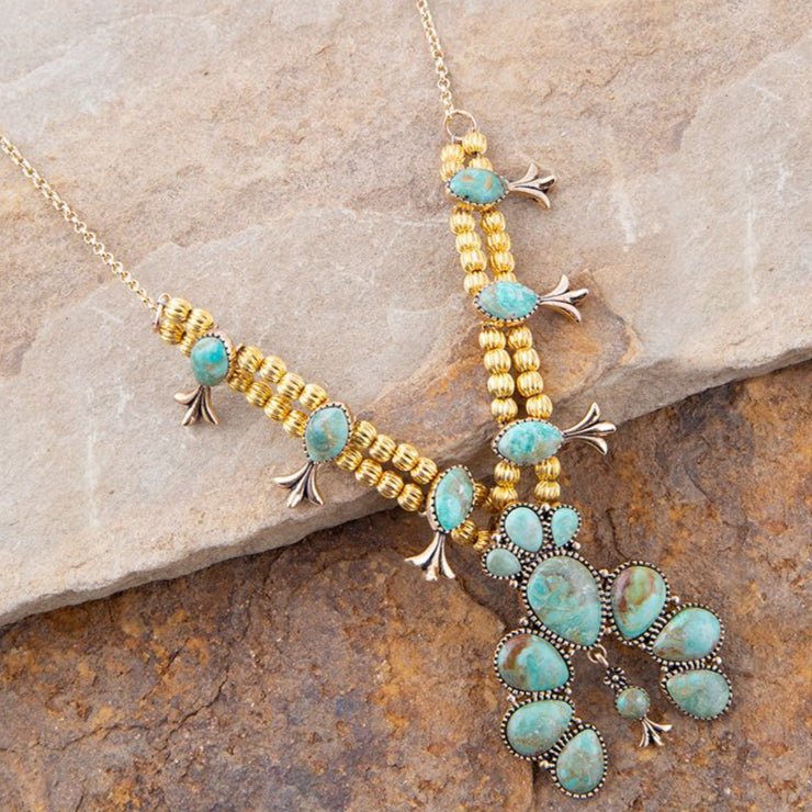 Squash Blossom Statement Blue Turquoise Golden Necklace Barse Jewelry