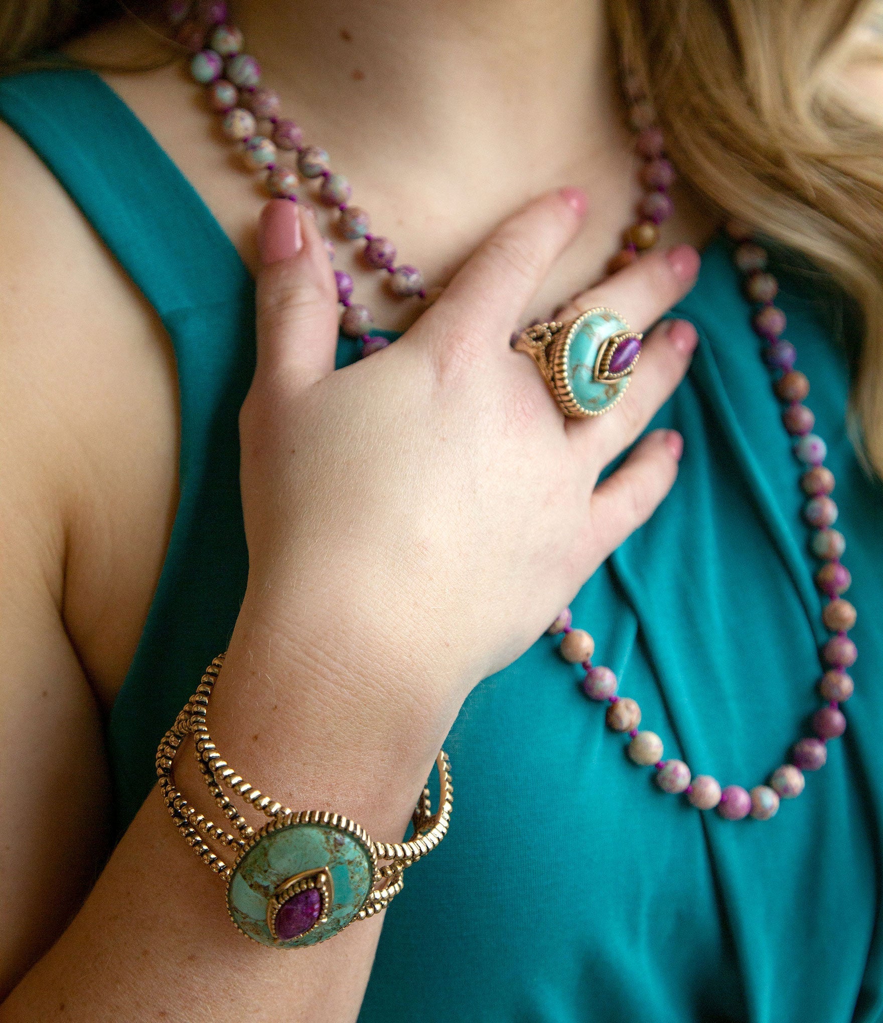 Stacked Blue and Purple Turquoise Golden Cuff Bracelet Barse Jewelry
