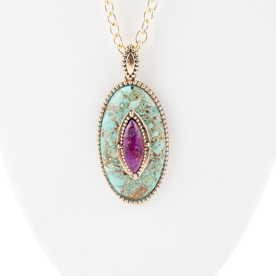 Stacked Stone Blue and Purple Turquoise Golden Pendant Chain Necklace Barse Jewelry