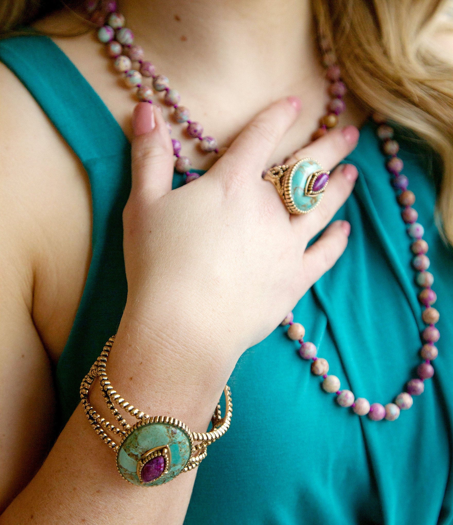 Stacked Stone Blue and Purple Turquoise Golden Ring Barse Jewelry