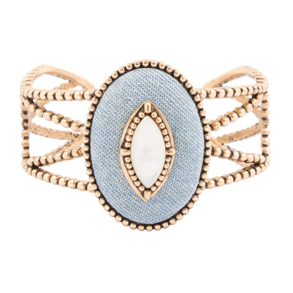 Blue Denim Dreams White Mother of Pearl Golden Cuff Bracelet Barse Jewelry