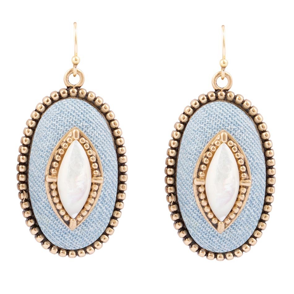 Blue Denim Dreams White Mother of Pearl Golden Drop Earrings Barse Jewelry