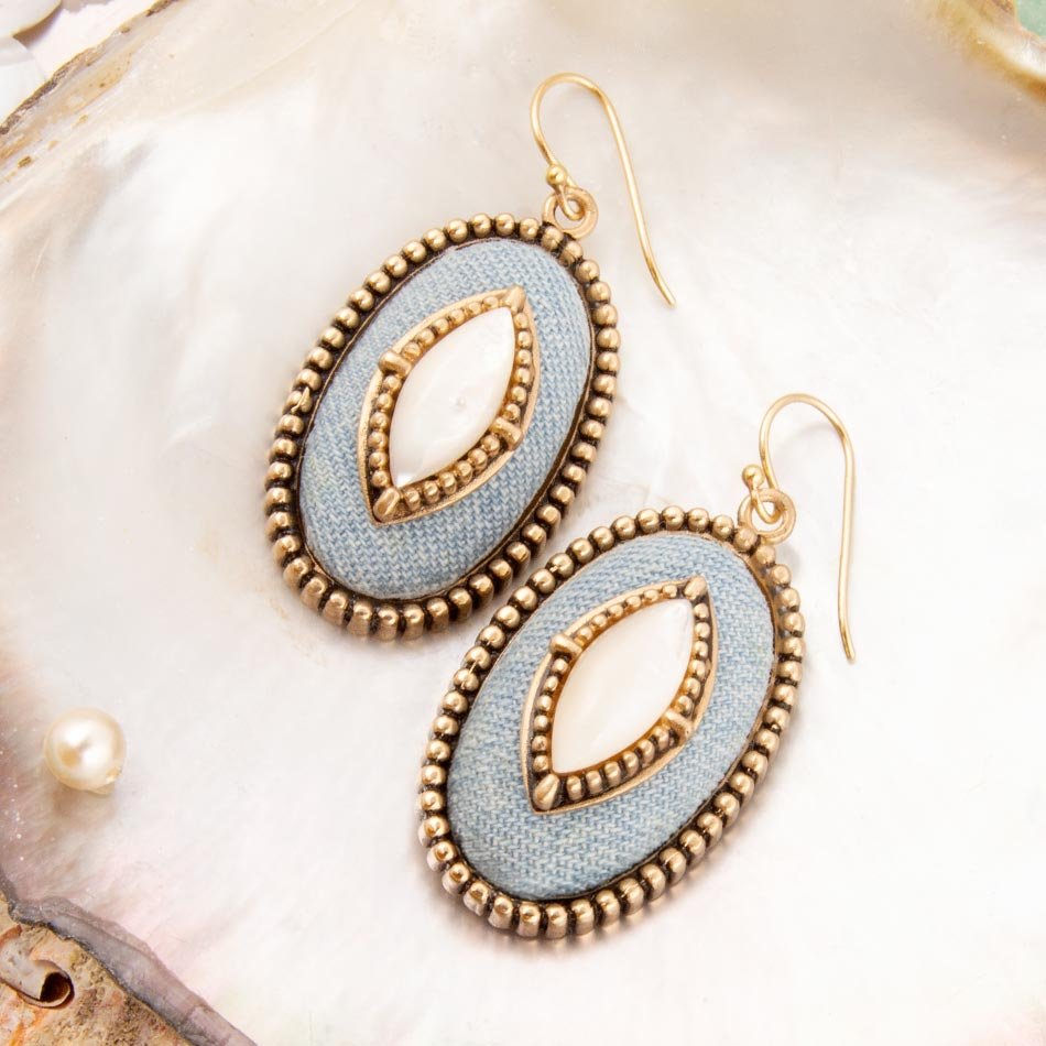 Blue Denim Dreams White Mother of Pearl Golden Drop Earrings Barse Jewelry