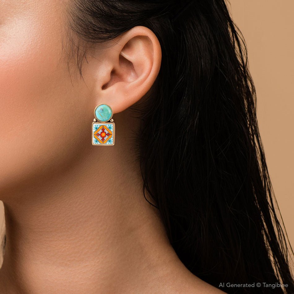Talavera Tile Blue Turquoise Golden Drop Earrings Barse Jewelry