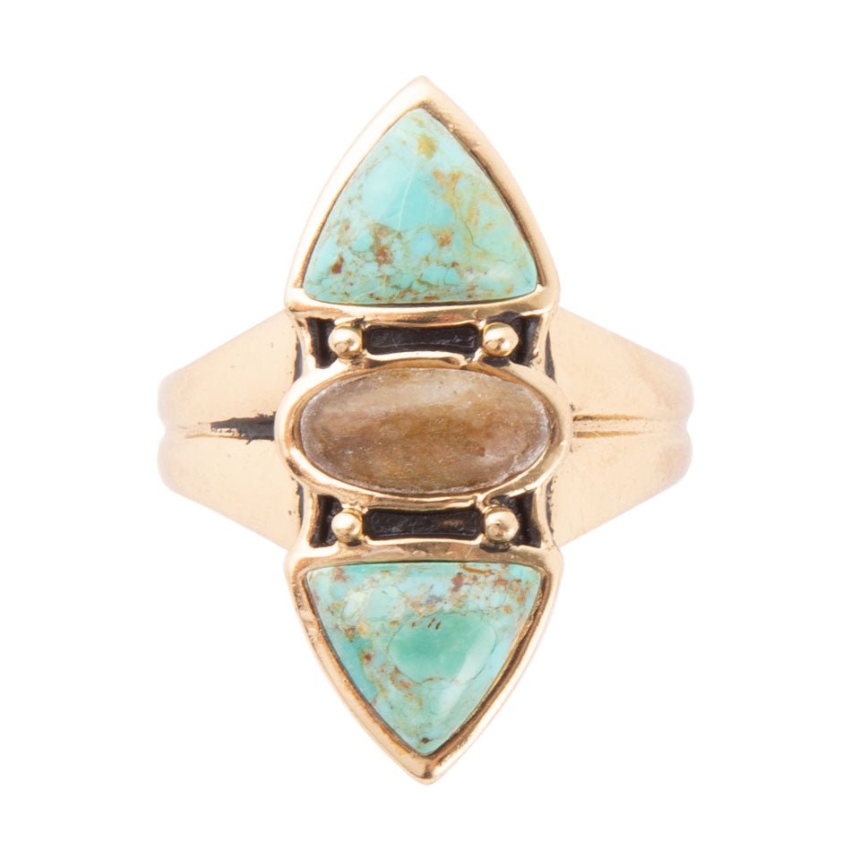 Tri-Stone Blue Turquoise and Grey Labradorite Golden Ring Barse Jewelry