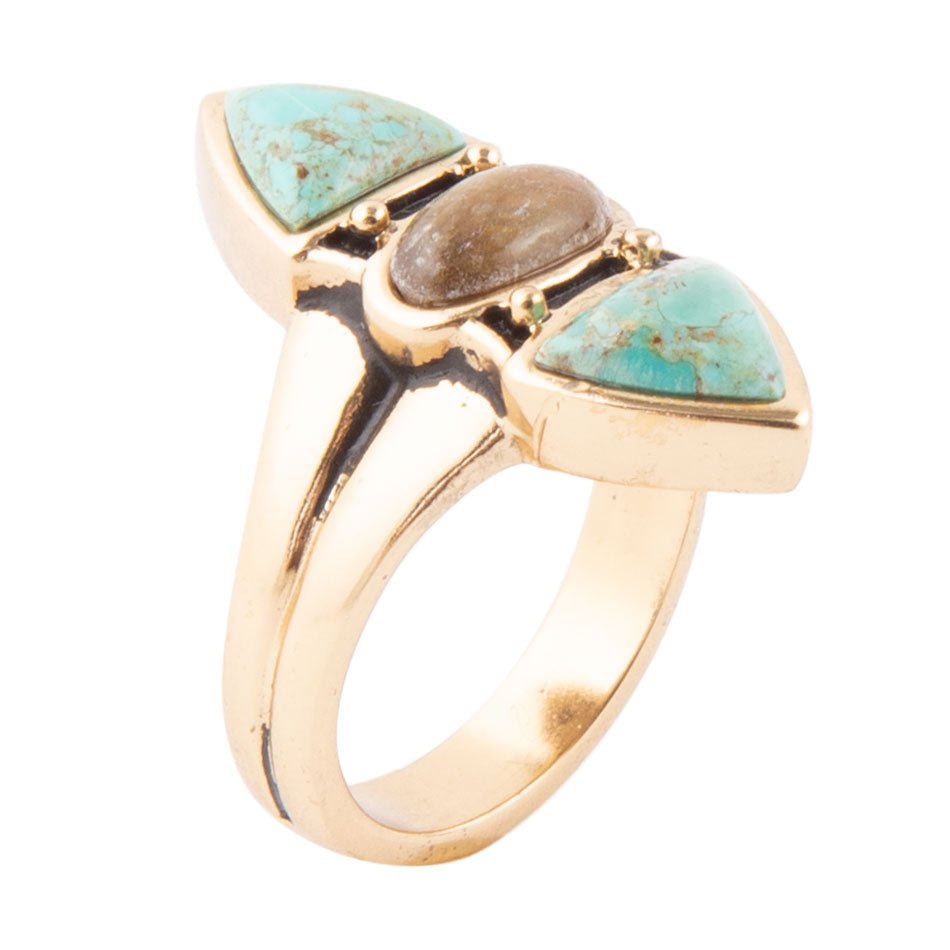 Tri-Stone Blue Turquoise and Grey Labradorite Golden Ring Barse Jewelry