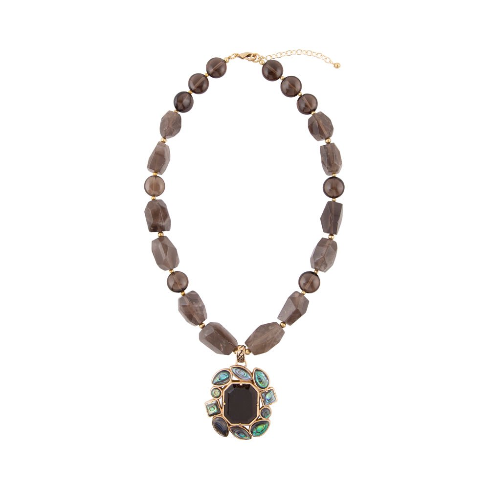 Tribecca Blue Abalone and Black Smoky Quartz Golden Statement Necklace Barse Jewelry