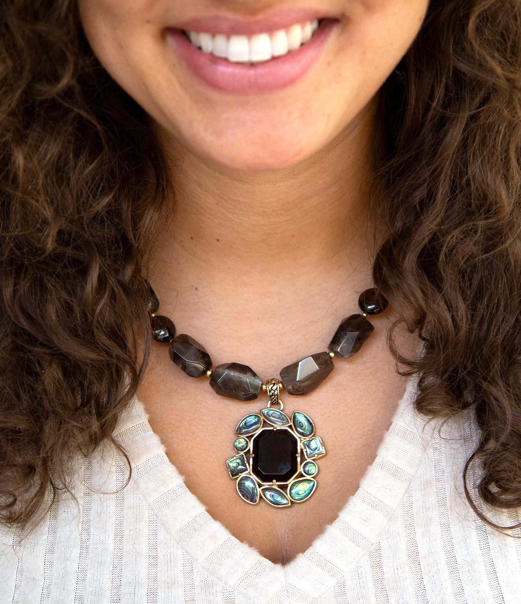 Tribecca Blue Abalone and Black Smoky Quartz Golden Statement Necklace Barse Jewelry