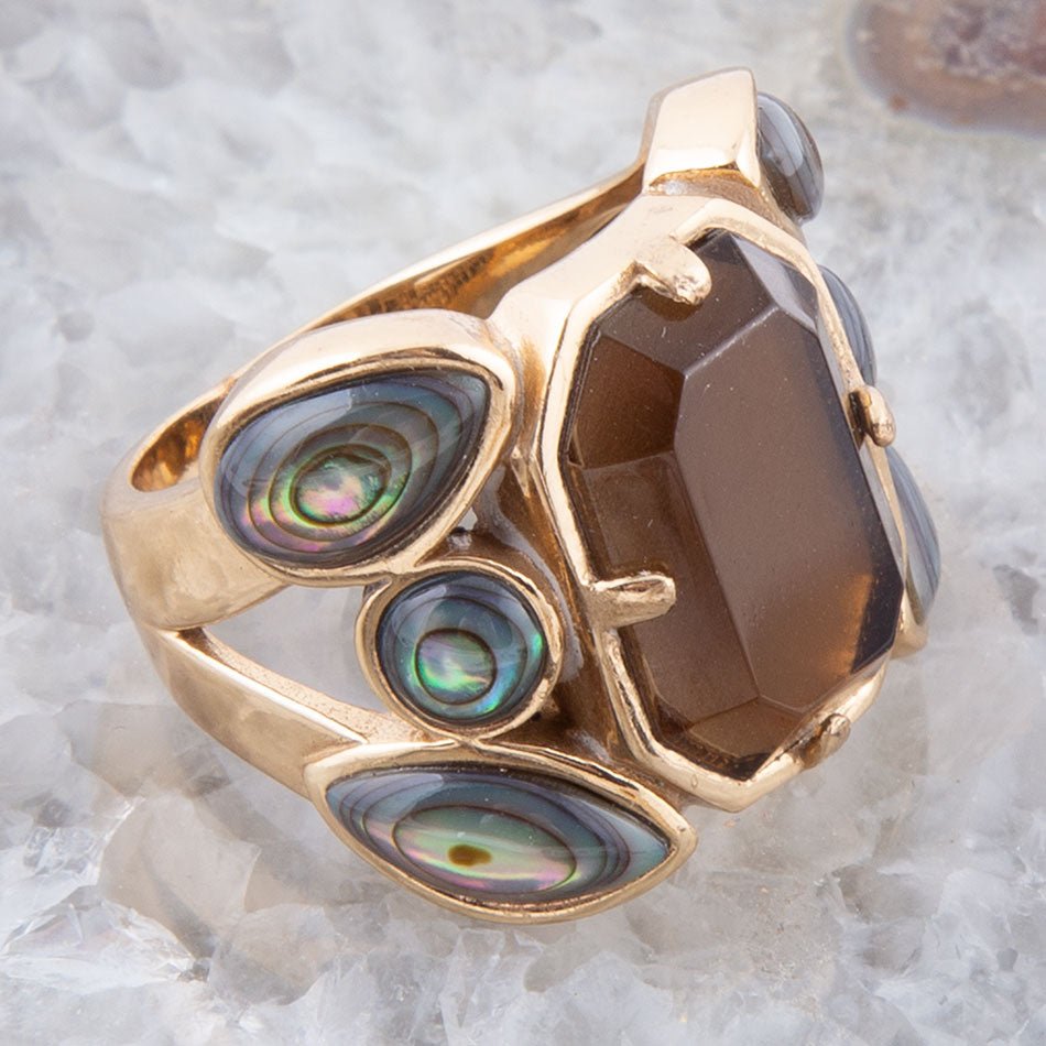 Tribecca Smoky Brown Quartz and Abalone Statement Golden Ring Barse Jewelry