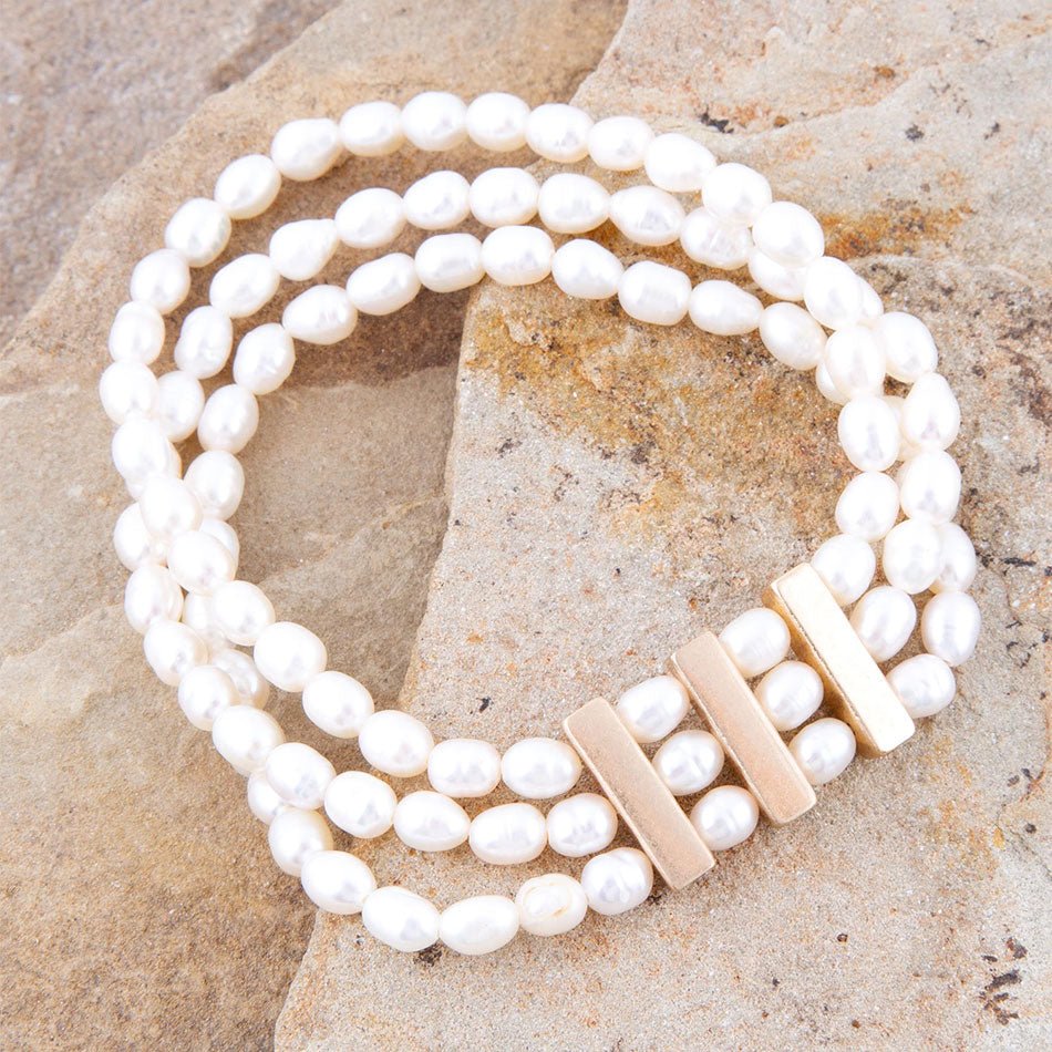 Triple Freshwater White Pearl Classic Golden Stretch Bracelet Barse Jewelry