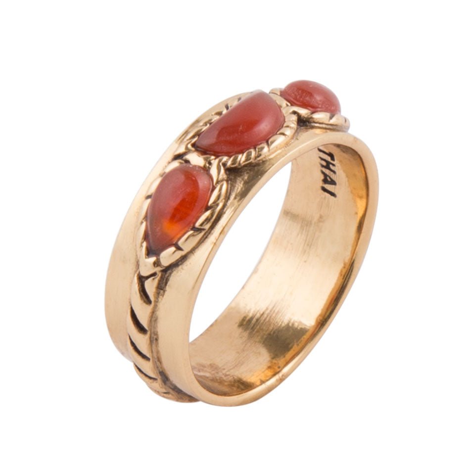 Triple Stone Orange Carnelian and Golden Ring Barse Jewelry