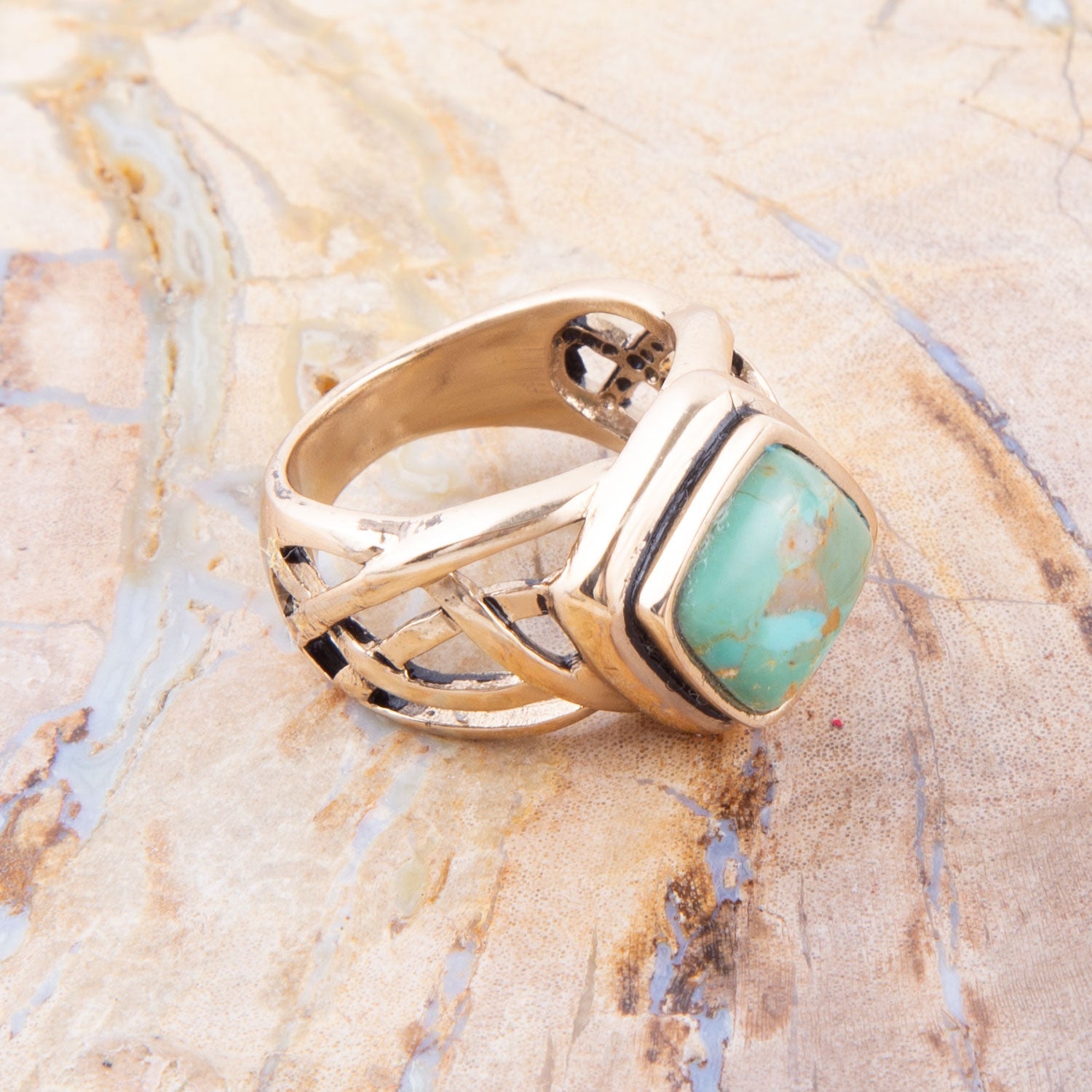 Blue Turquoise and Golden Bronze Cut Out Ring Barse Jewelry