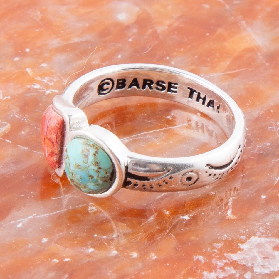 Blue Turquoise and Orange Coral Duo Sterling Silver Ring Barse Jewelry