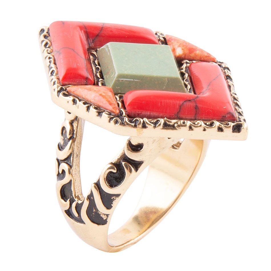 Turquoise and Coral Tapestry Ring Barse Jewelry