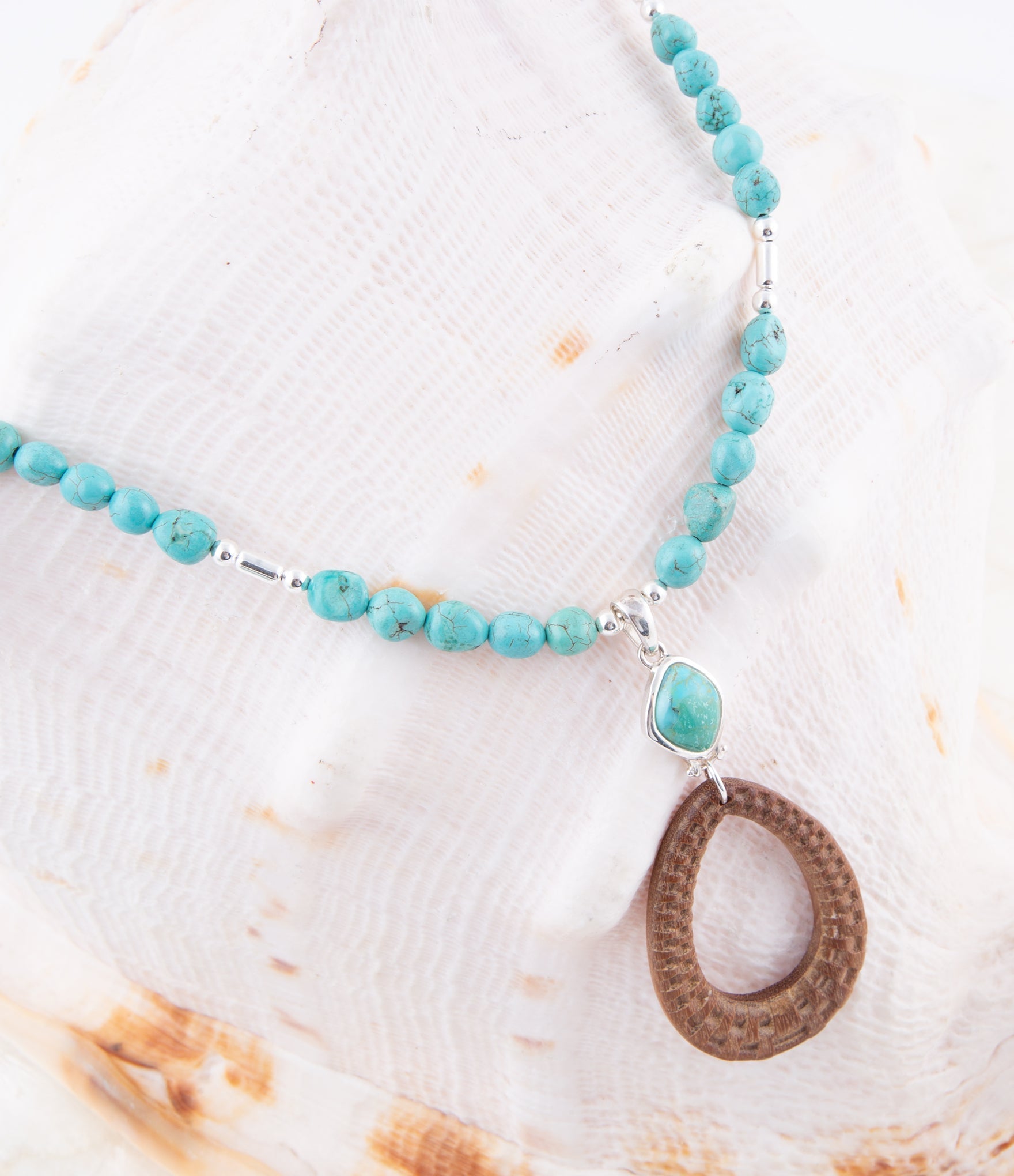 Blue Turquoise and Brown Woven Wood Pendant Sterling Silver Necklace Barse Jewelry