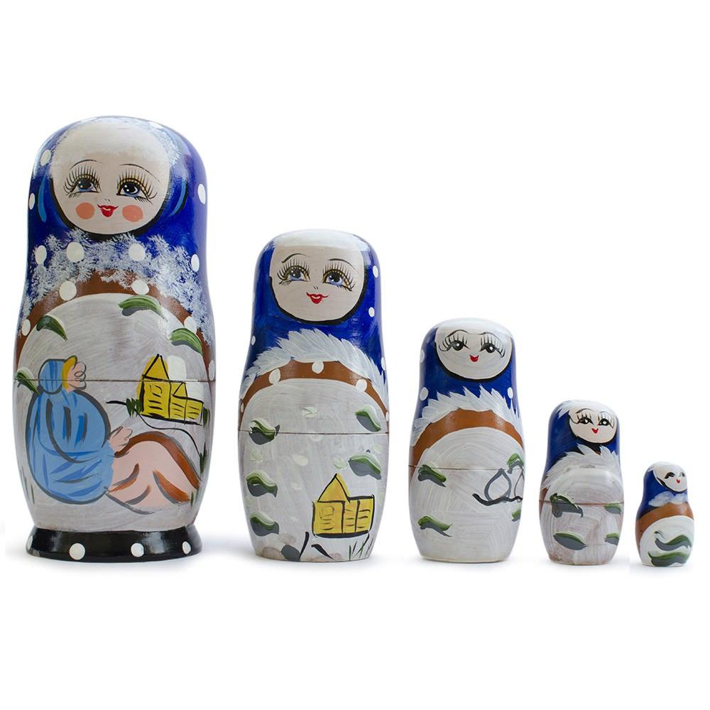 Set of 5 Winter Village Scene Nesting Dolls 6.5 Inches