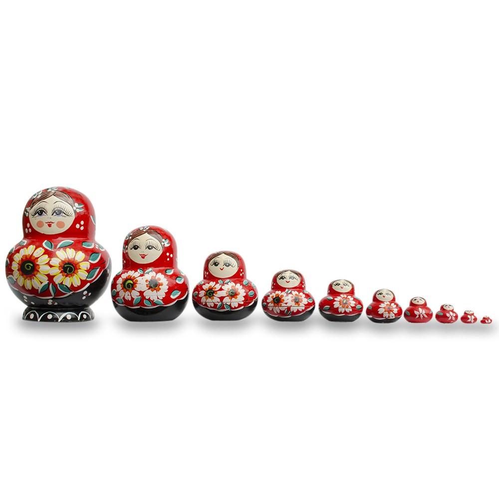 Set of 10 Daisy Flowers on Red Dress Nesting Dolls 7 Inches