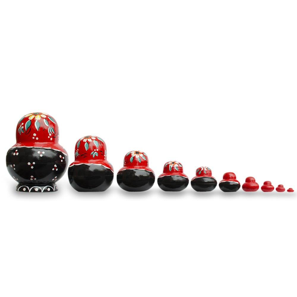 Set of 10 Daisy Flowers on Red Dress Nesting Dolls 7 Inches