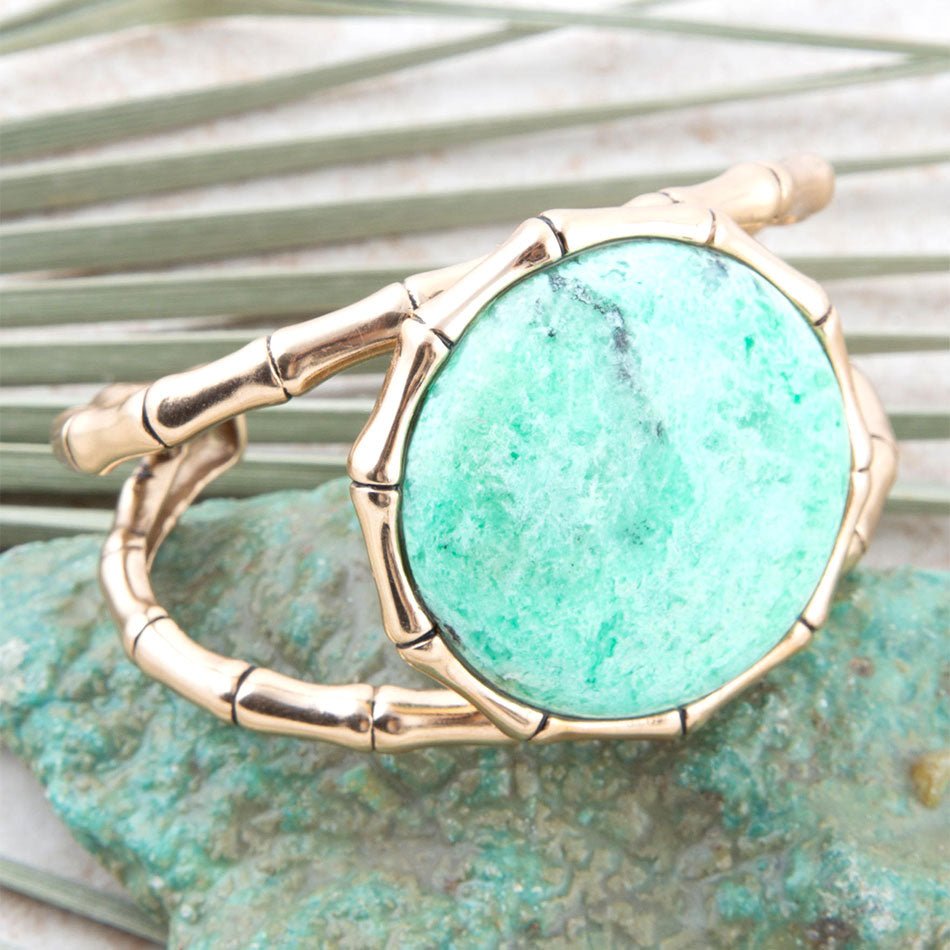 Vibrant Green Chrysoprase Golden Bamboo Statement Cuff Bracelet Barse Jewelry
