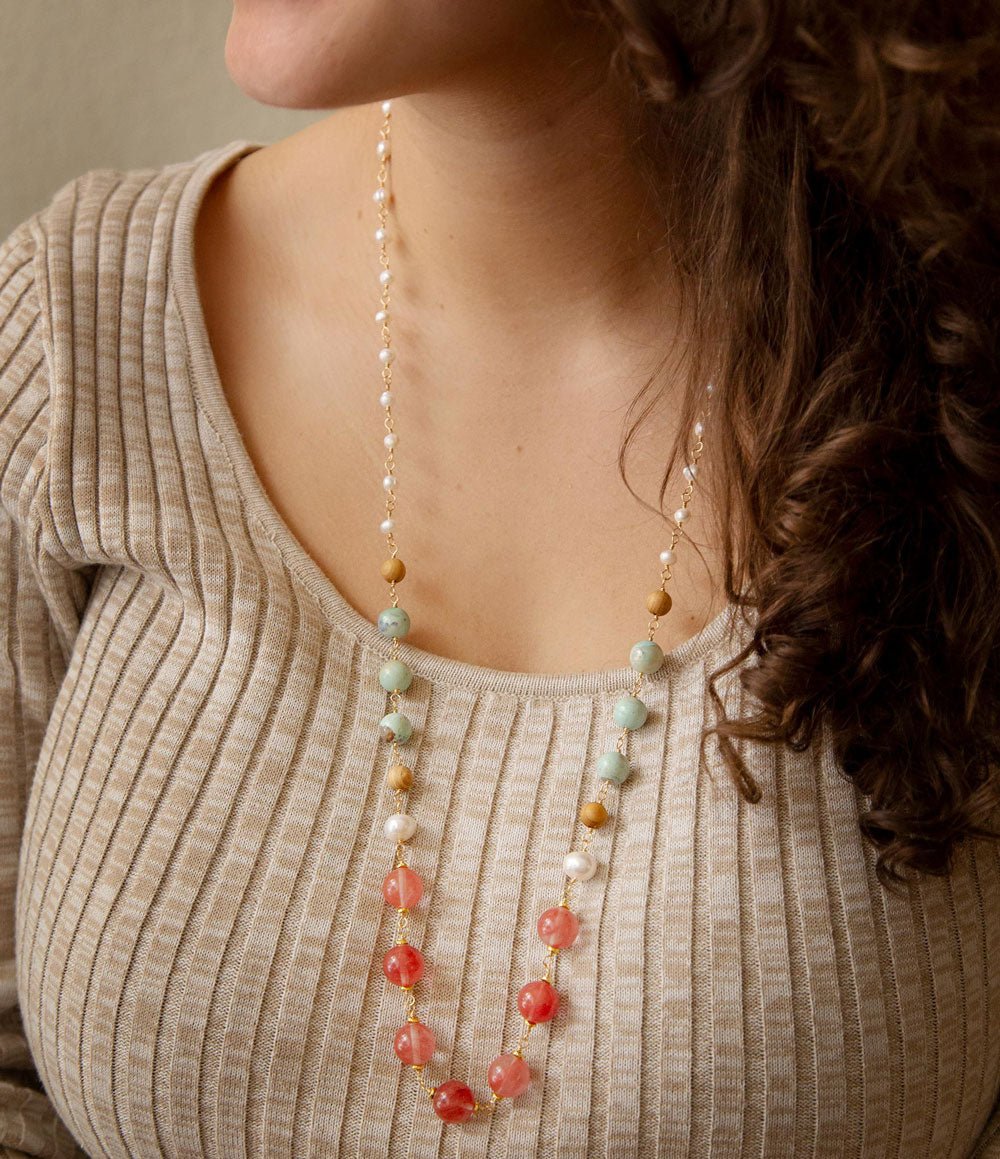 Watermelon Kiss Mint Jasper Golden Long Necklace Barse Jewelry