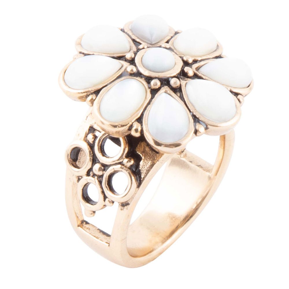 White Hibiscus Mother of Pearl and Golden Ring Barse Jewelry